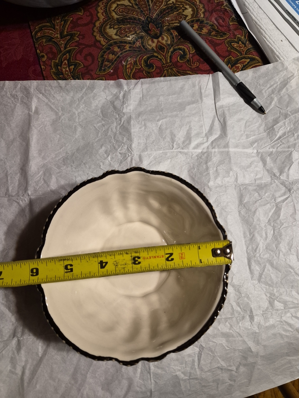 Heather Goldmine Handcrafted Ceramic Bowl in Cream with Dark Rim - Home Kitchen